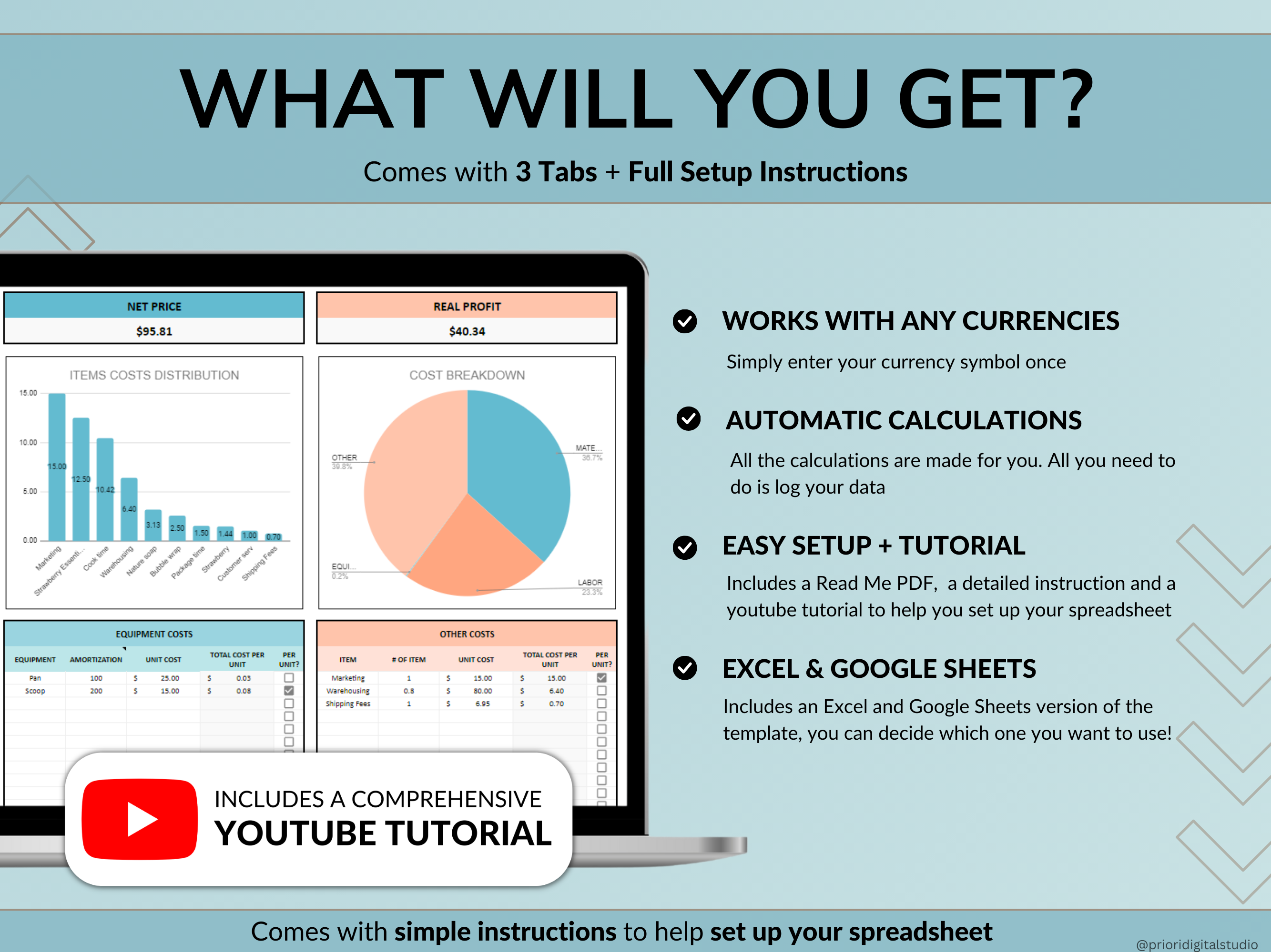 Pricing Calculator for Small Business Google Sheets Excel Business Tracker Handmade Products Pricing Template Profit Margin Pricing Guide