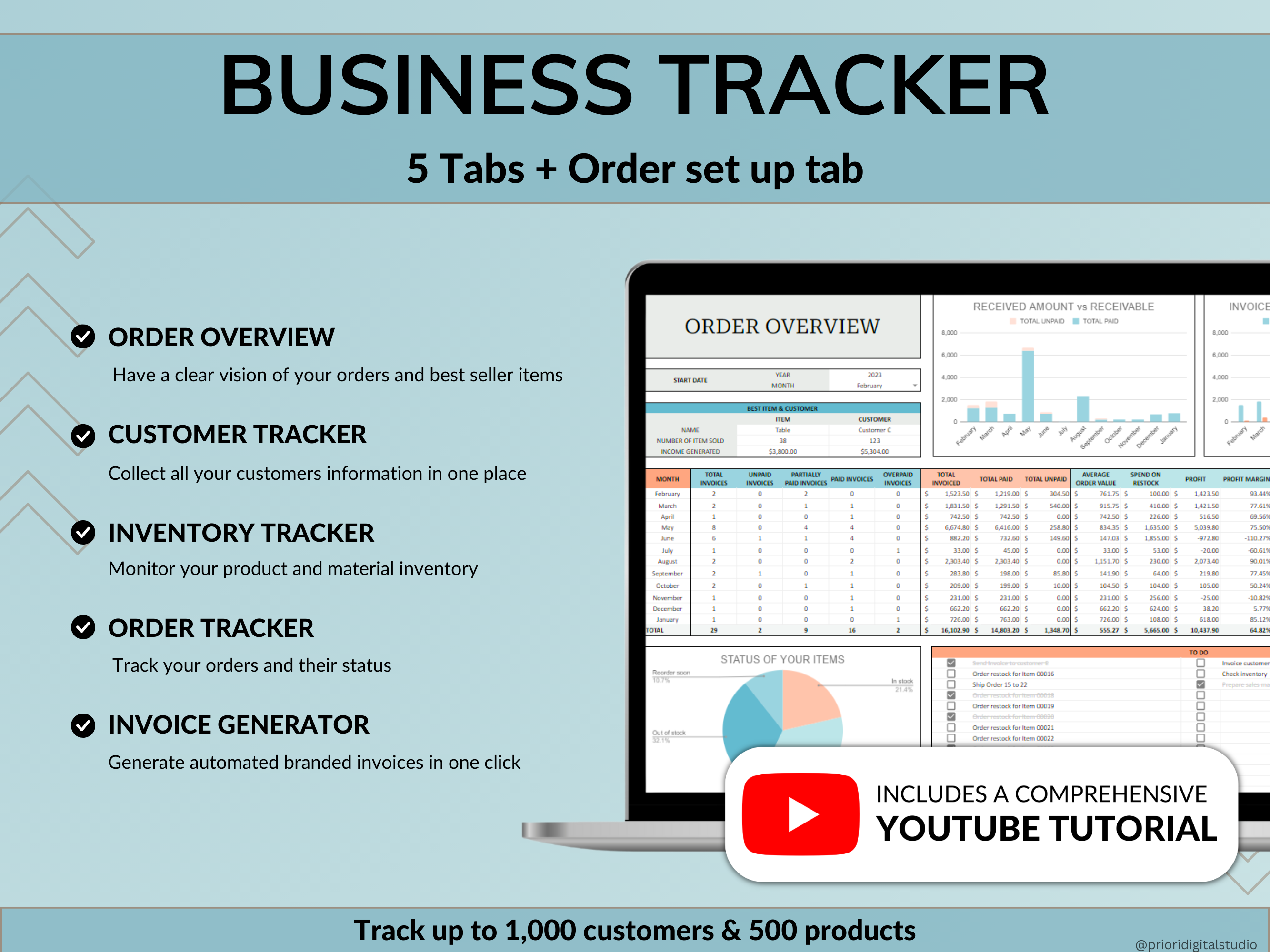 Small Business Tracker Google Sheets Excel Bookkeeping Spreadsheet Accounting Template Inventory Tracker Order Customer Tracker Sales Taxes