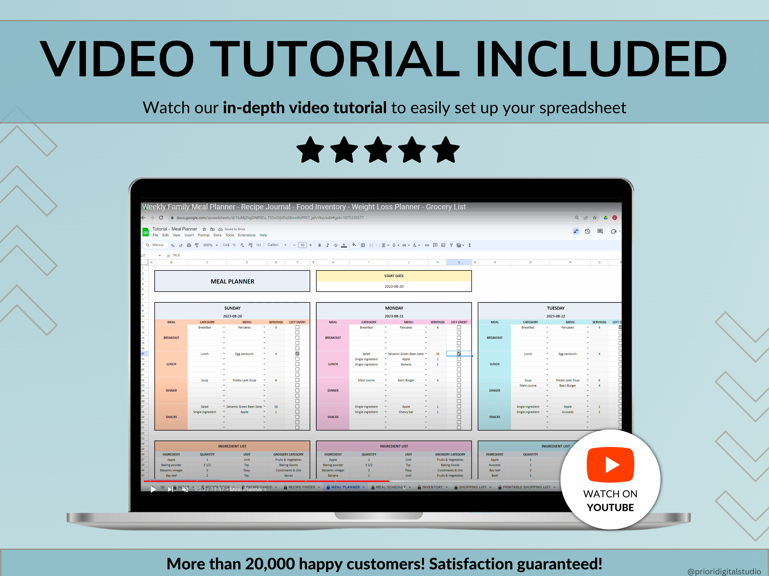 Weekly Meal Planner Spreadsheet Google Sheets Excel Recipe Journal Calorie Tracker Automatic Grocery List Weight Loss Tracker Food Inventory Blue