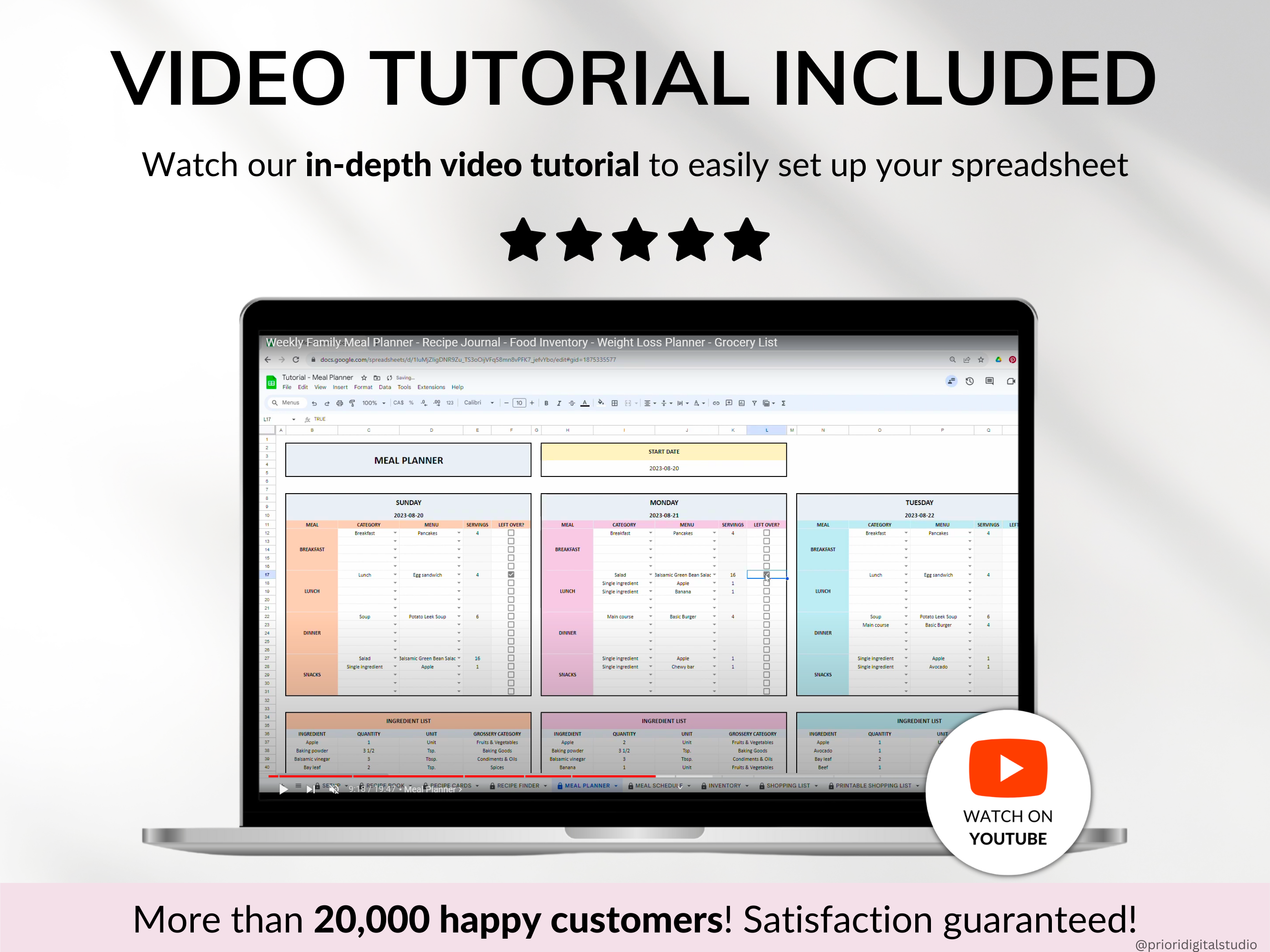 Weekly Meal Planner Spreadsheet Google Sheets Excel Recipe Journal Calorie Tracker Automatic Grocery List Weight Loss Tracker Food Inventory