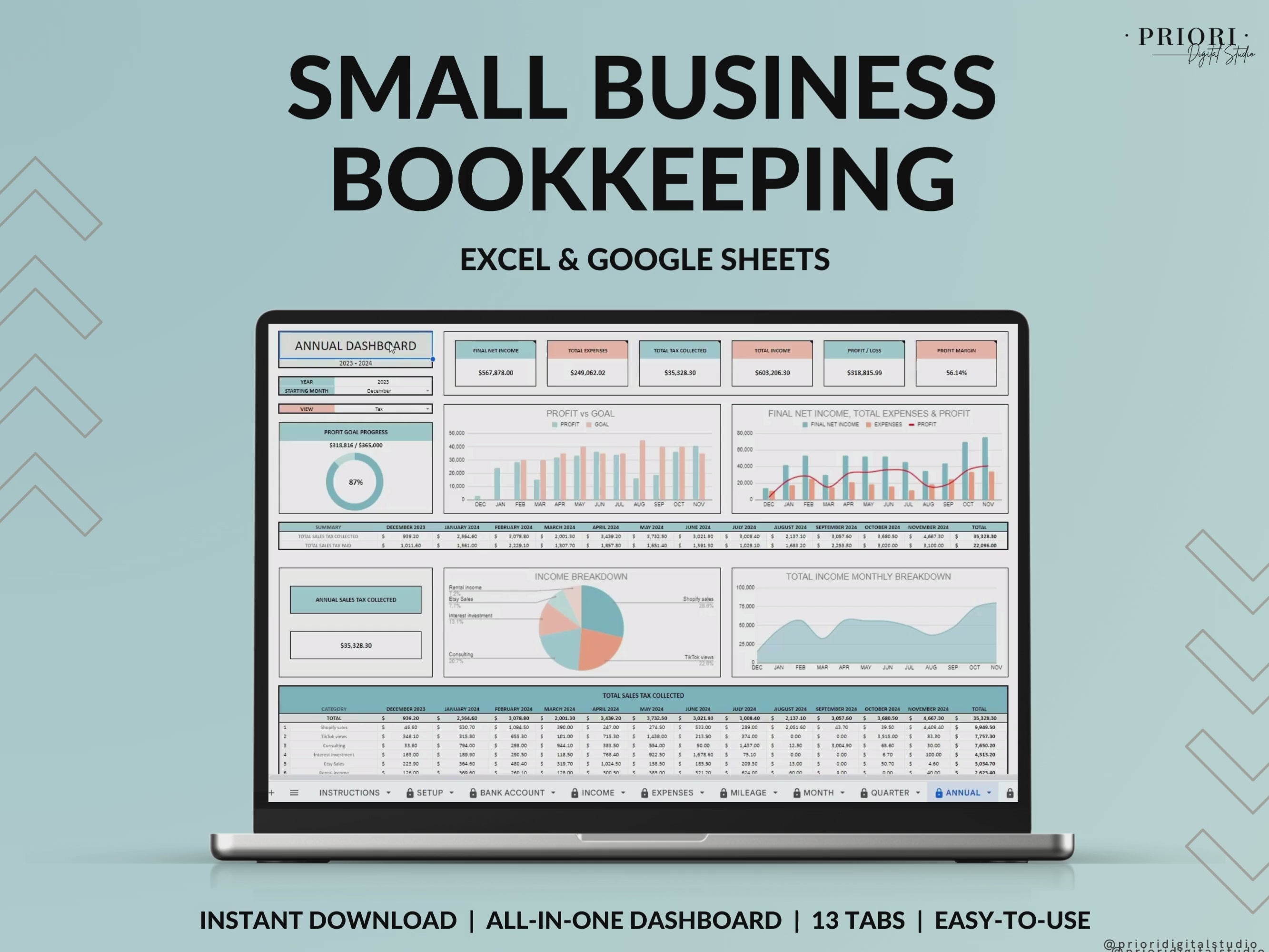 Small Business Bookkeeping Spreadsheet Income Expense Tracker Tax Tracker Accounting Template Mileage Tracker Business Planner Profit & Loss Excel Google Sheets