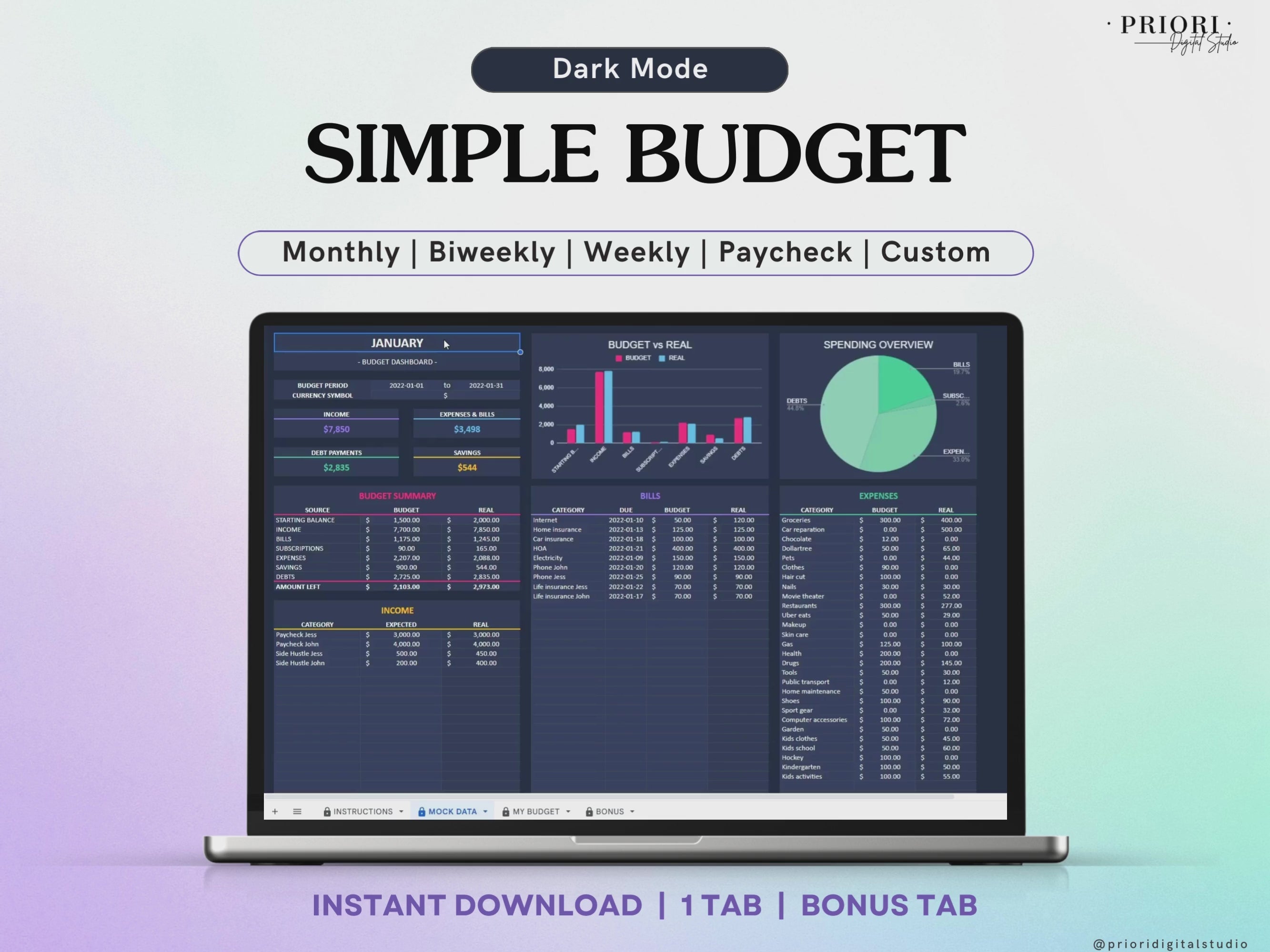 Simple Budget Spreadsheet Dark Mode Monthly Budget Spreadsheet Google Sheets Excel Weekly Paycheck Budget Biweekly Budget Expense Tracker#color_dark