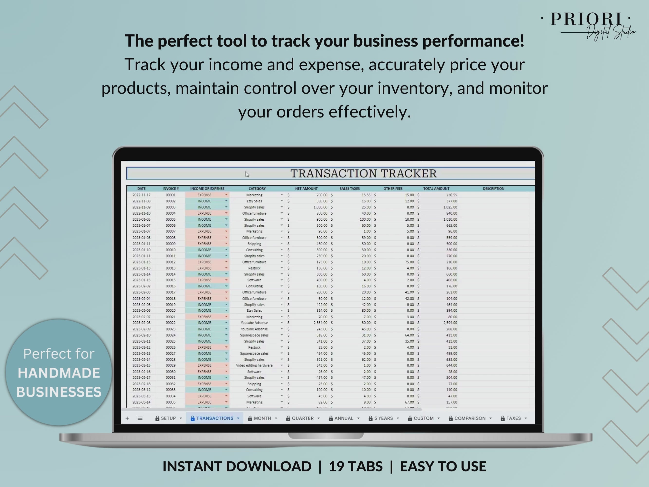 Small Business Bookkeeping Spreadsheet Inventory Tracker Order Tracker Product Handmade Pricing Calculator Client Tracker Google Sheet Excel
