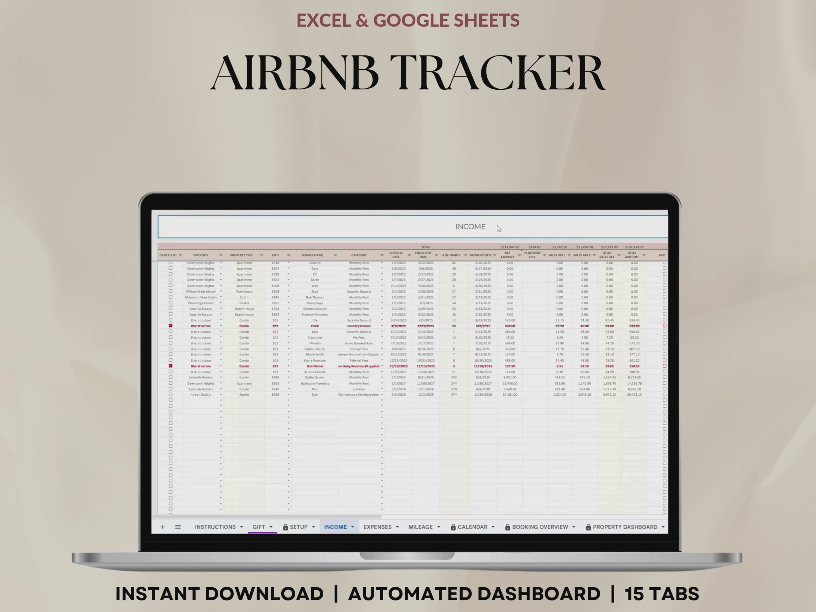 Airbnb Spreadsheet Vacation Rental Property Tracker Bookkeeping Template Google Sheets Booking Calendar Excel Short-Term Rental Management