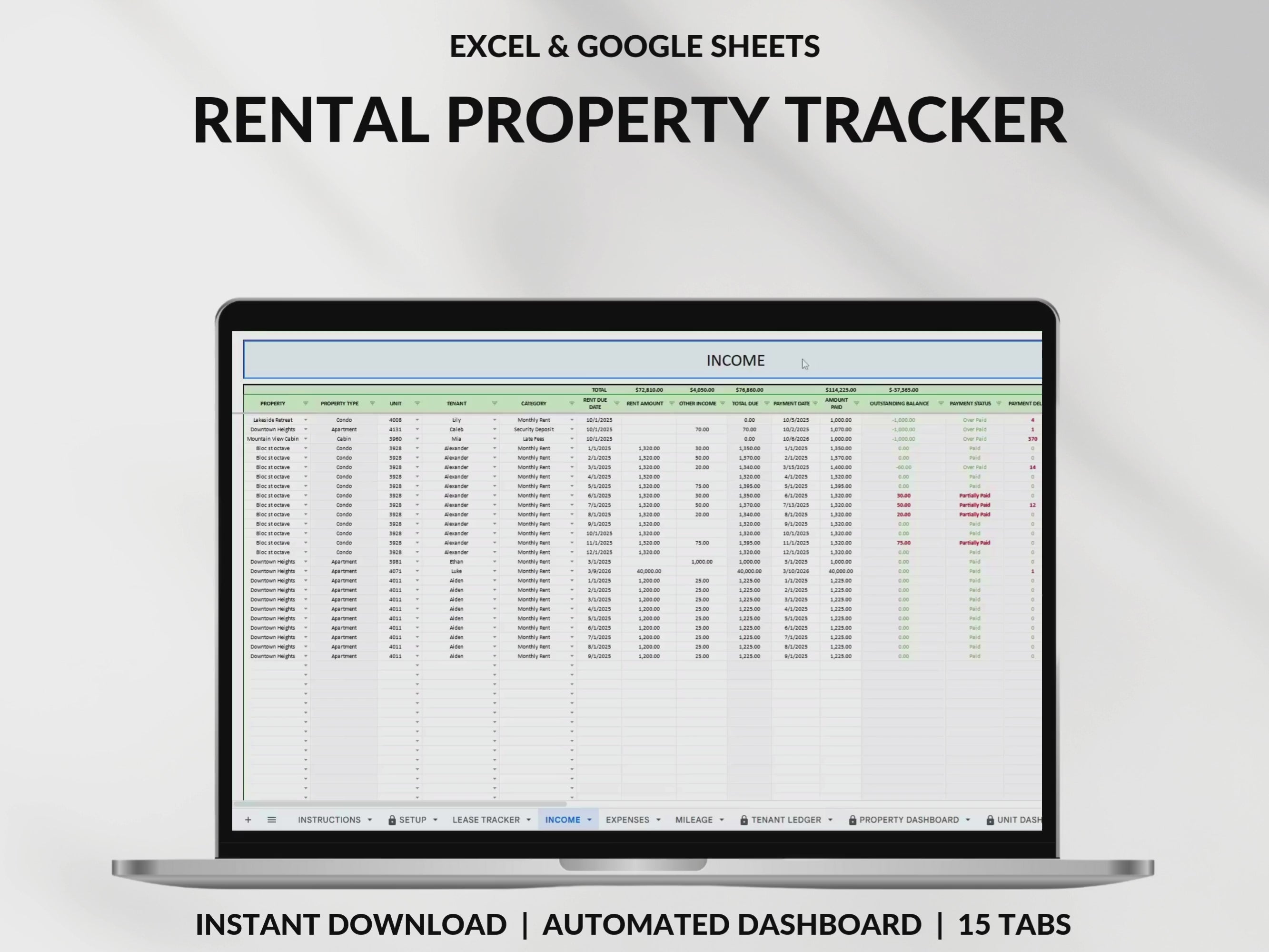 Rental Property Tracker Landlord Spreadsheet Multi Property Income and Expense Excel Google Sheets Rental Bookkeeping Rent Payment Tracker