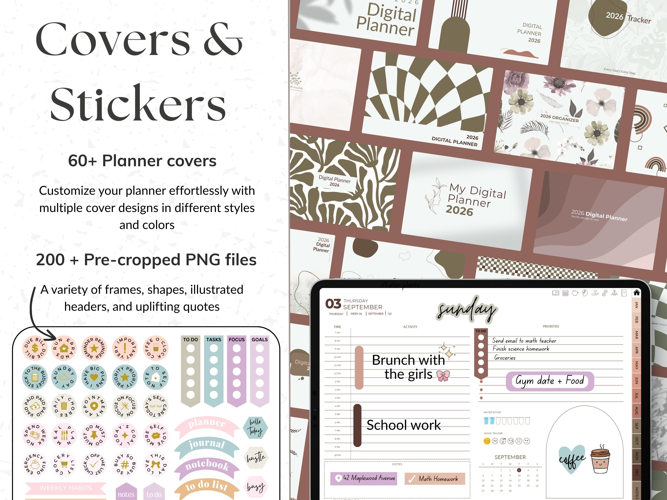 Digital planner covers and stickers with a tablet displaying planner layout.