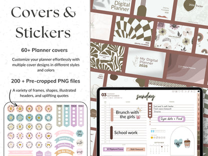 Digital planner covers and stickers with a tablet displaying planner layout.