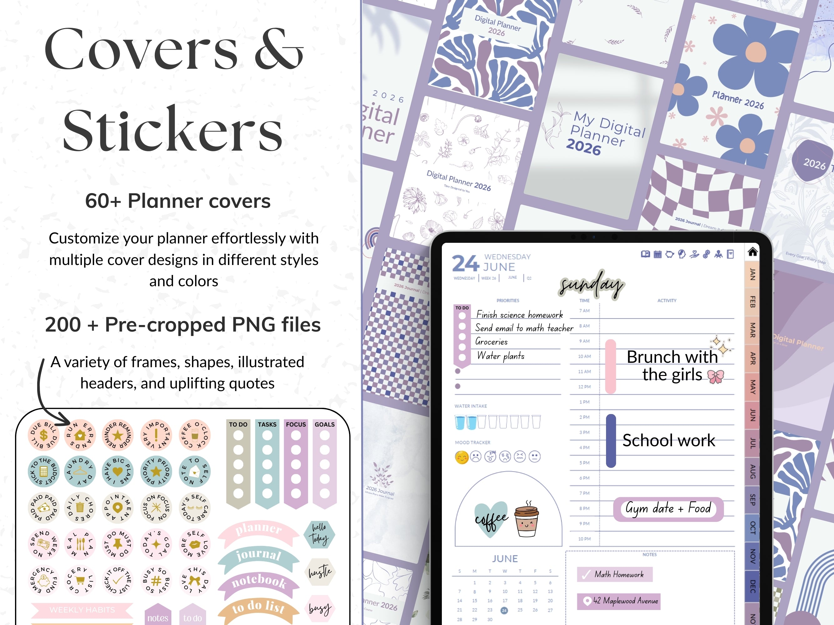 Collection of planner covers and stickers for Blush Dusk variant.