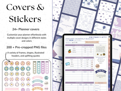 Collection of planner covers and stickers with a digital planner app interface.