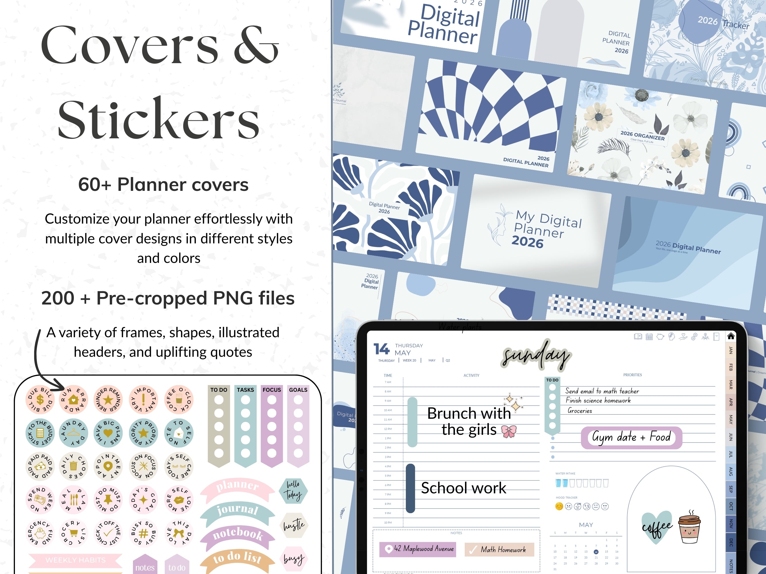 Digital planner covers and stickers with a tablet displaying planner layout.