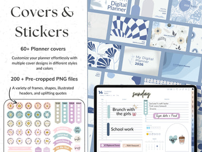 Digital planner covers and stickers with a tablet displaying planner layout.