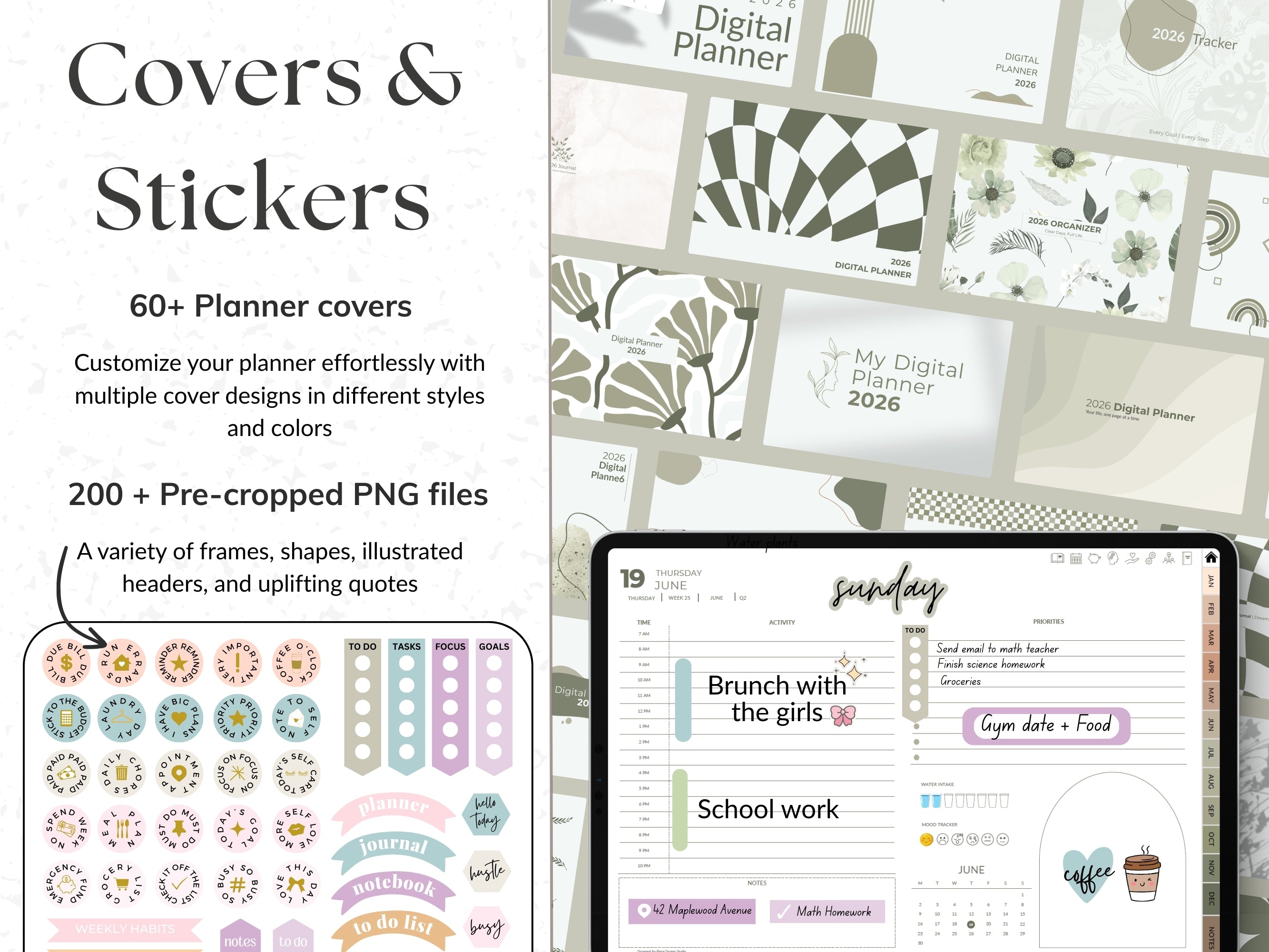 Digital planner covers and stickers with a tablet displaying a digital planner interface.
