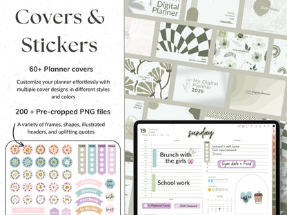 Digital planner covers and stickers with a tablet displaying a digital planner interface.