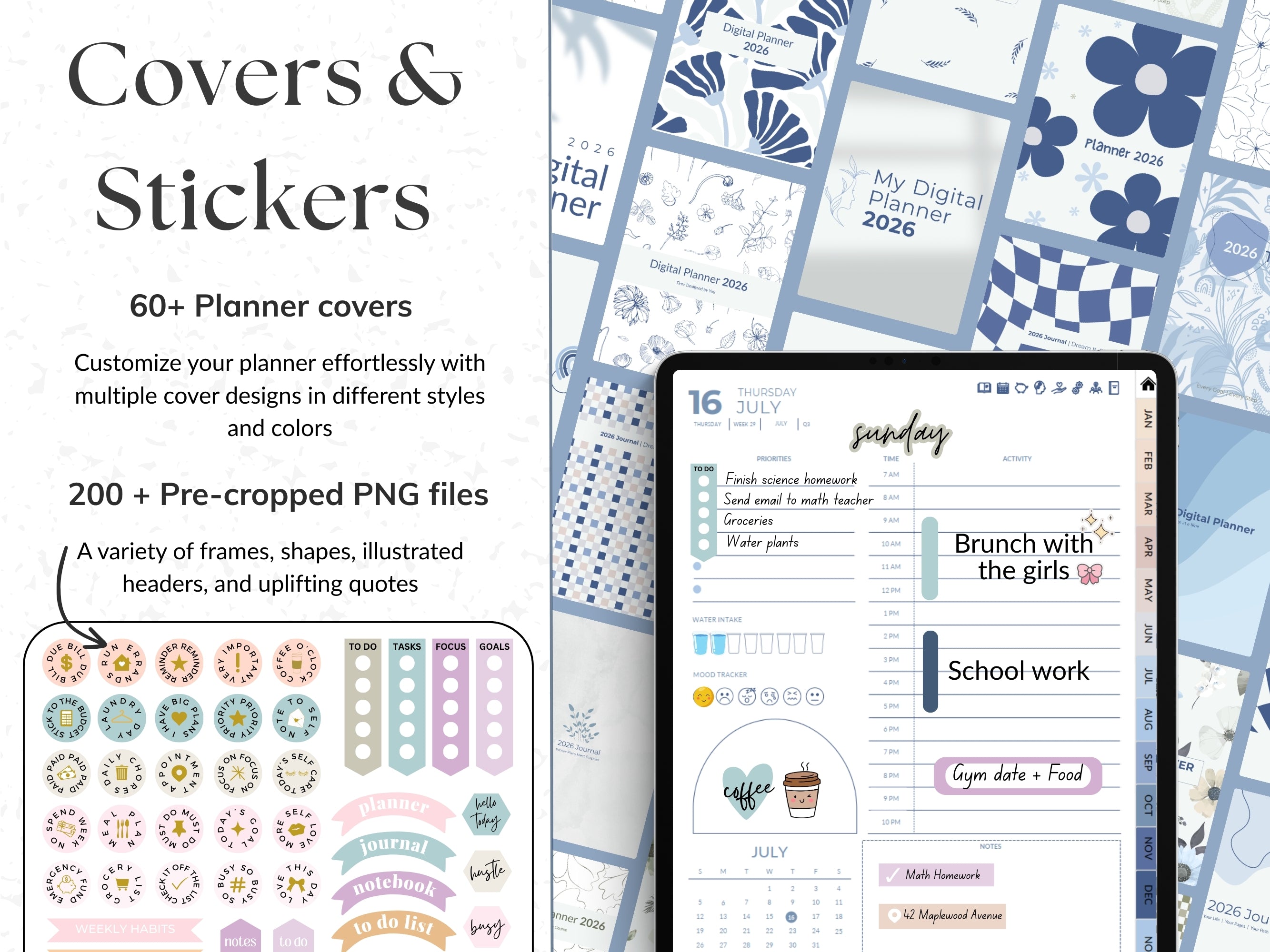 Collection of planner covers and stickers for digital planner Morning Shore variant.