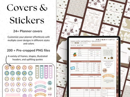 Collection of planner covers and stickers with a digital planner app interface.