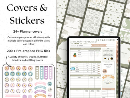Collection of planner covers and stickers with a digital planner app displaying a budget sheet.