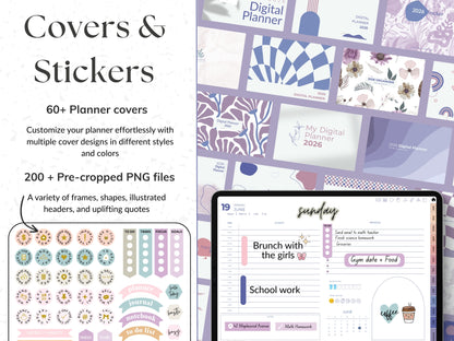 Digital planner covers and stickers with a tablet displaying a planner layout.
