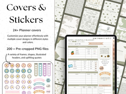 Collection of planner covers, stickers, and pre-cropped PNG files on a digital device screen.