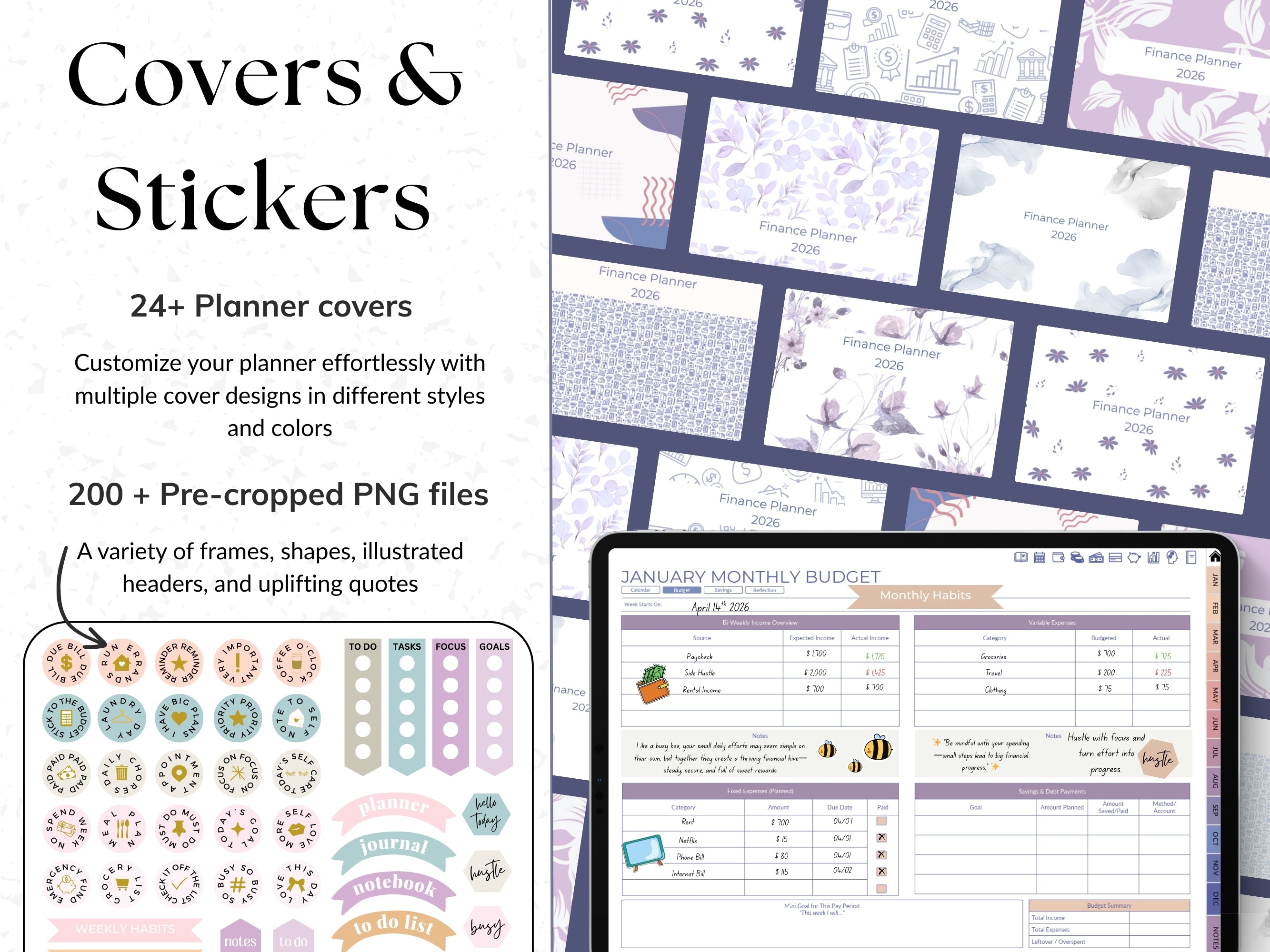 Collection of planner covers and stickers with a digital planner on a tablet screen.