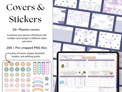 Collection of planner covers and stickers with a digital planner on a tablet screen.