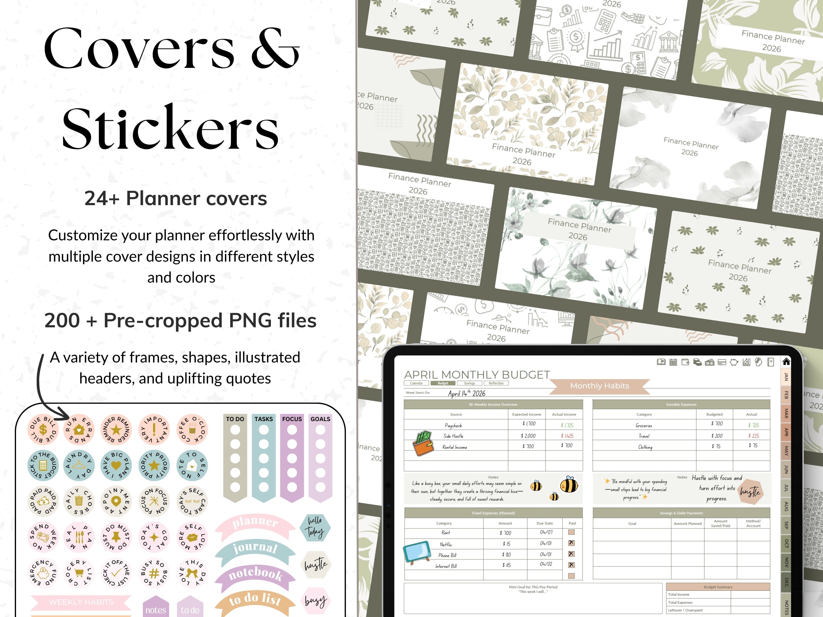 Collection of planner covers and stickers with a digital planner on a tablet.