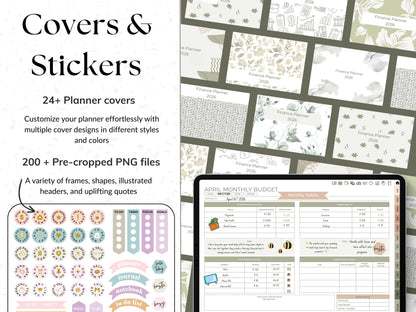Collection of planner covers and stickers with a digital planner on a tablet.