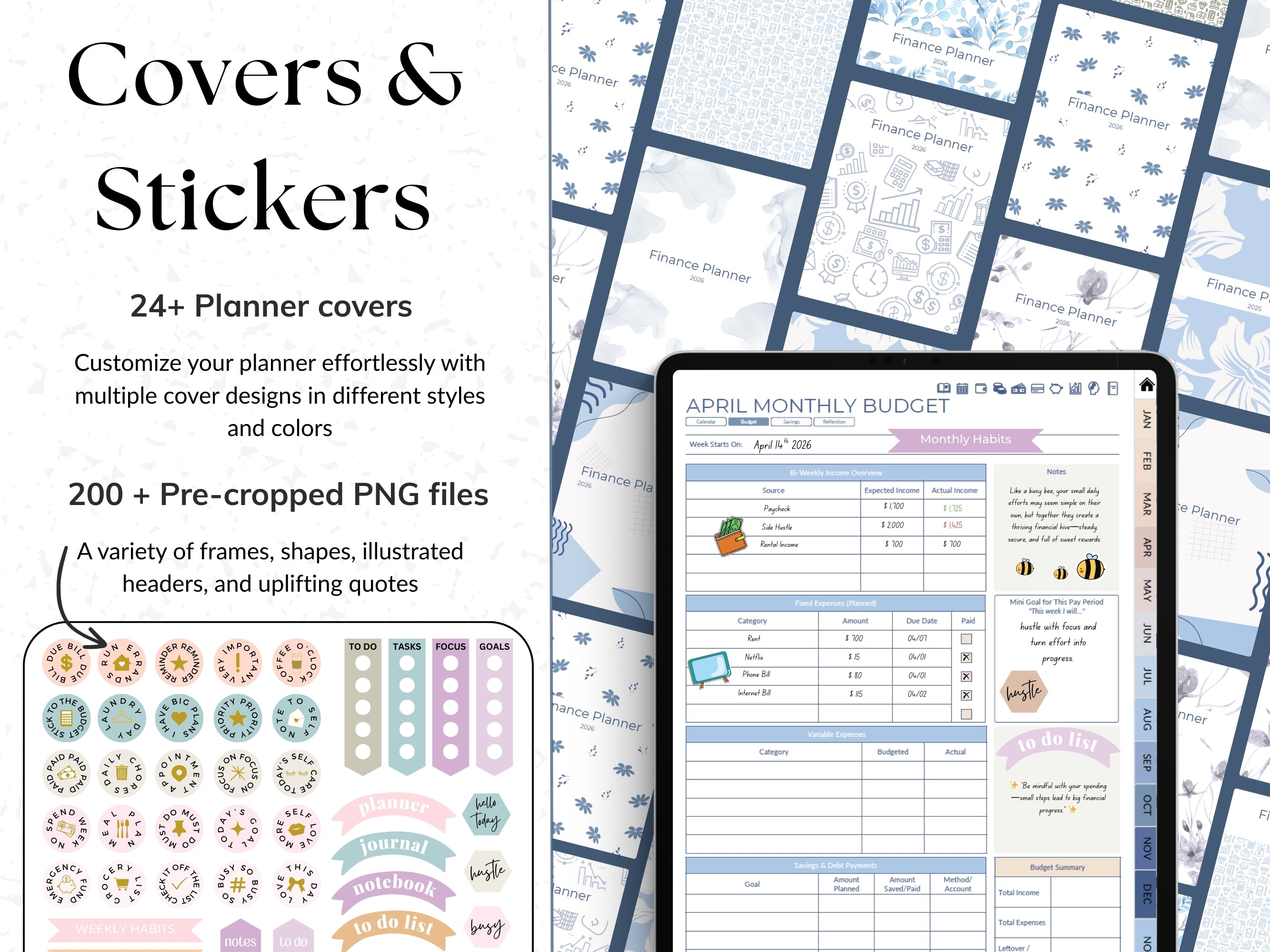 Planner covers and stickers with a digital planner app displaying a budget sheet.