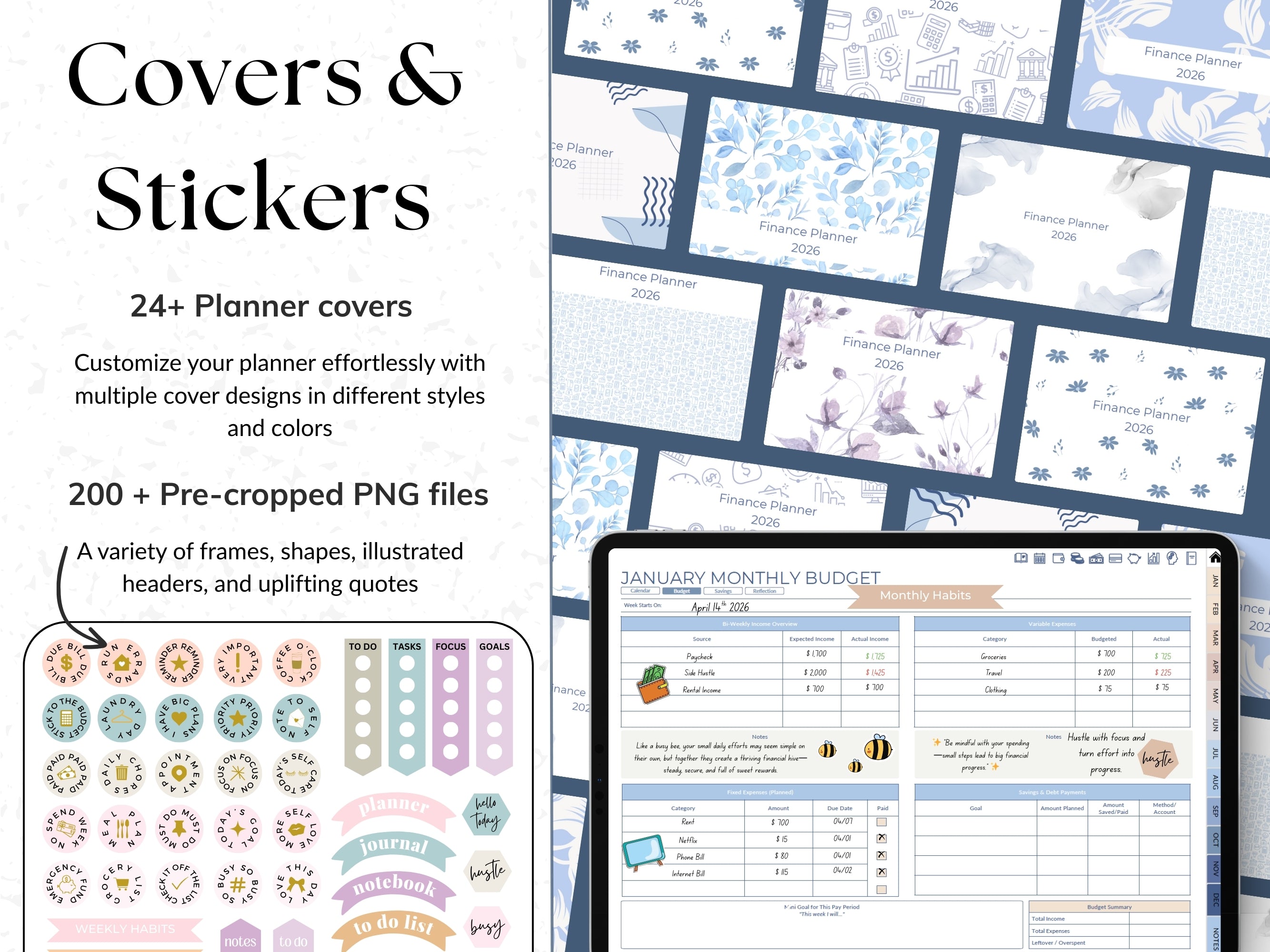 Collection of planner covers and stickers with a digital planner on a tablet.