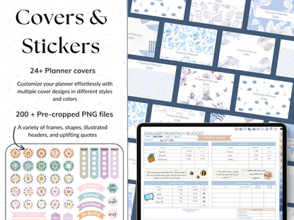 Collection of planner covers and stickers with a digital planner on a tablet.
