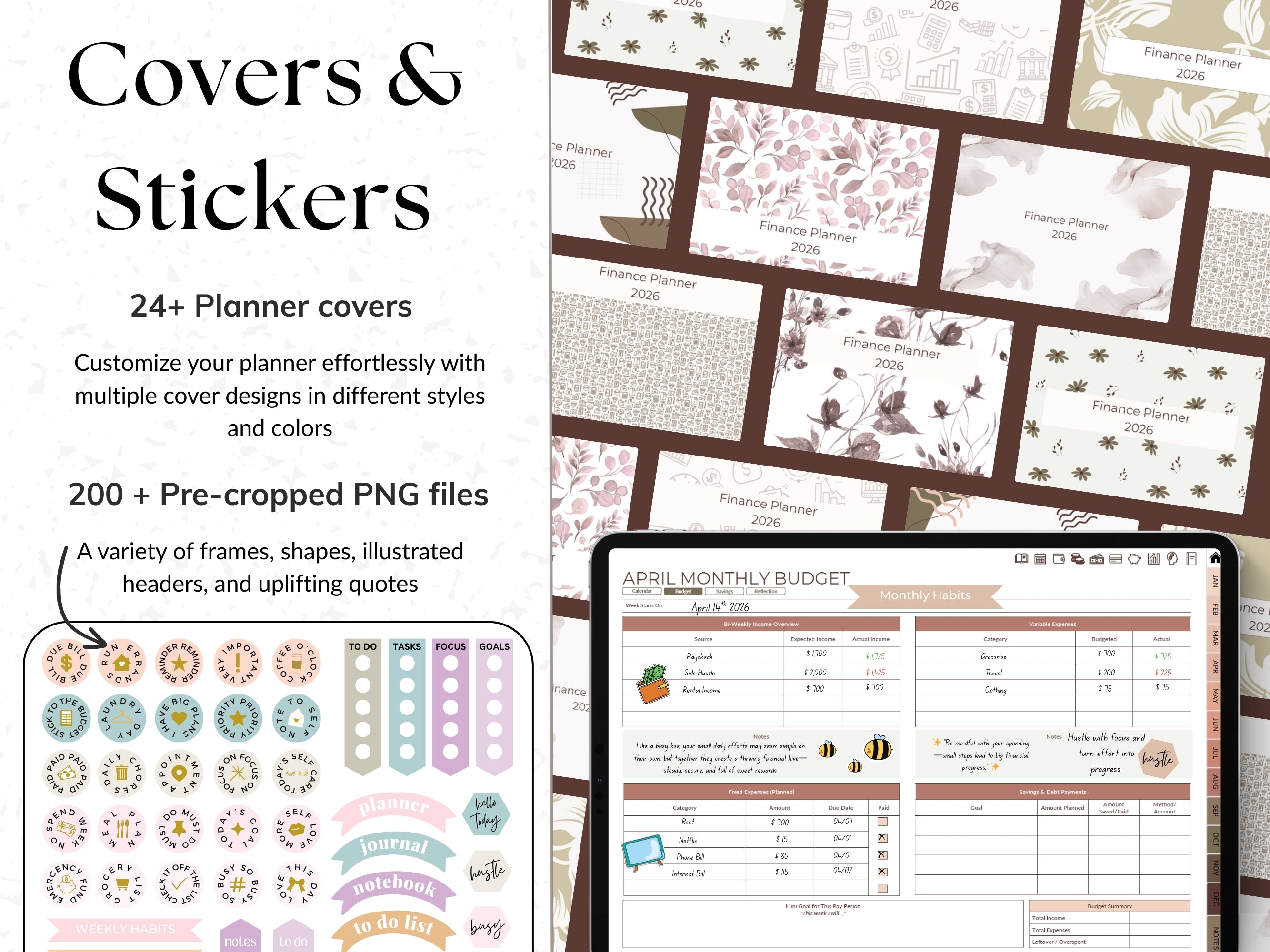 Collection of planner covers and stickers with a digital planner.