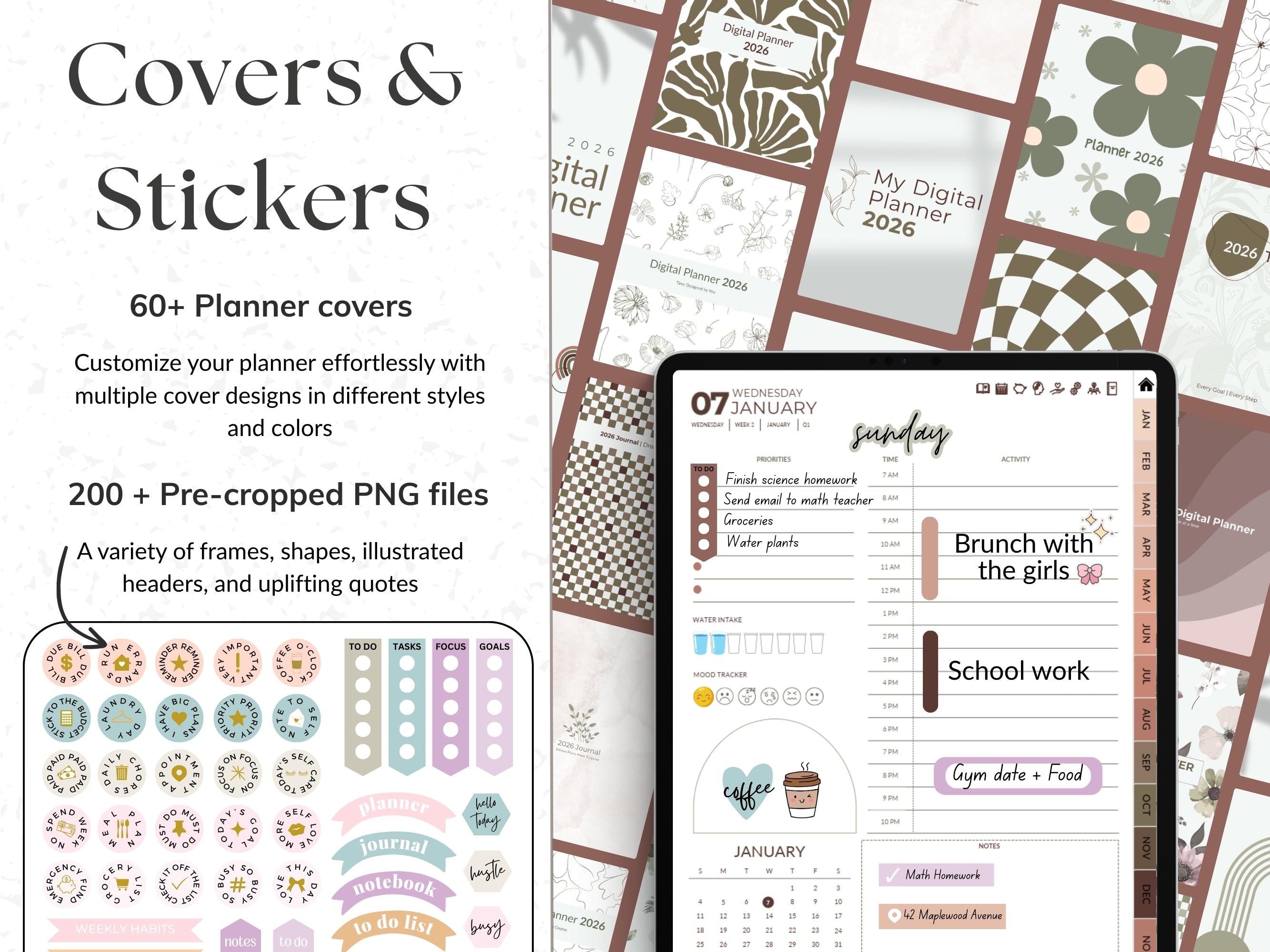 Digital planner covers and stickers with a smartphone displaying planner layout.