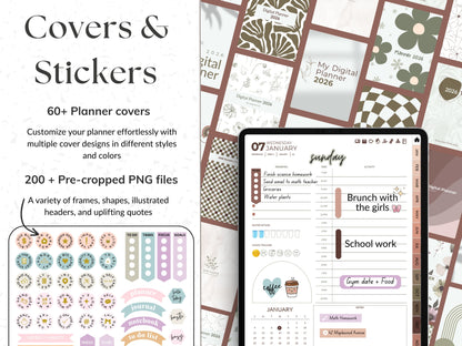 Digital planner covers and stickers with a smartphone displaying planner layout.