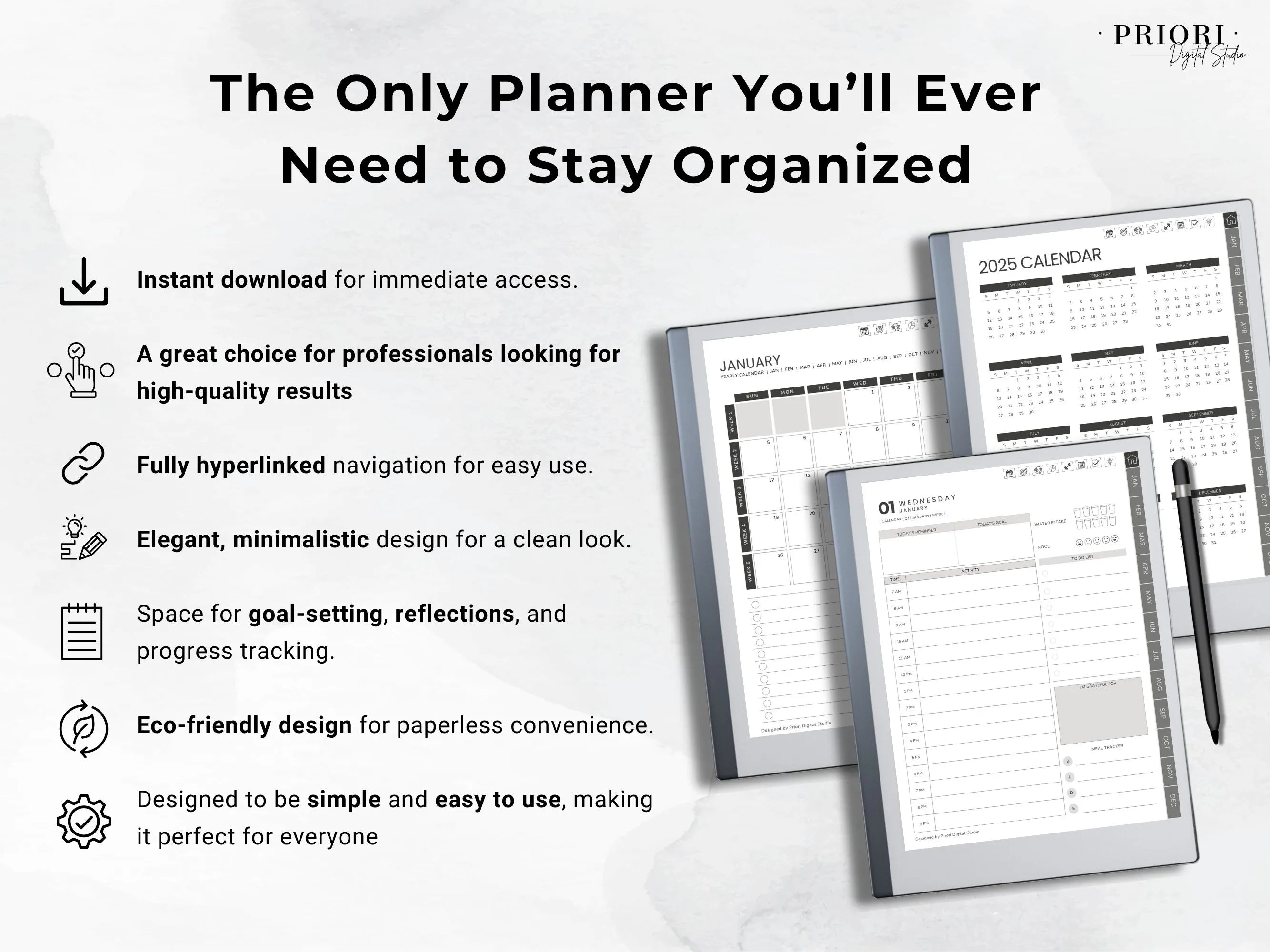 reMarkable Digital Planner 2025 2026 Daily Planner reMarkable 2 Template Minimalist Hyperlinked Planner for reMarkable Organization Planner