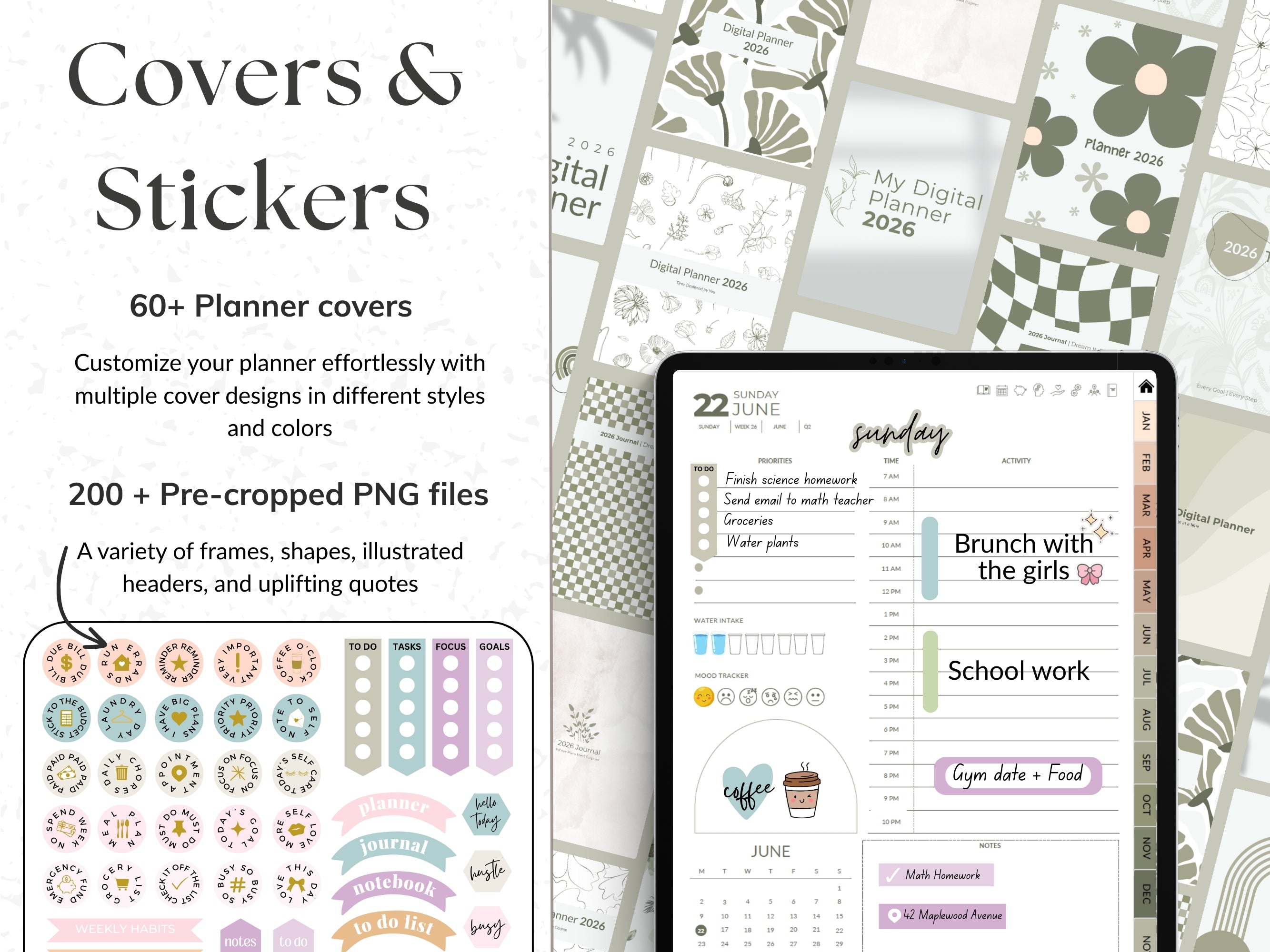Digital planner covers and stickers with a tablet displaying planner layout.
