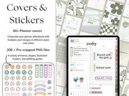 Digital planner covers and stickers with a tablet displaying planner layout.