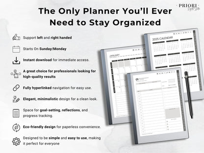 reMarkable Planner Daily Planner 2025 2026 Daily Journal reMarkable 2 Template Digital Planner Minimalist Hyperlinked Planner for reMarkable