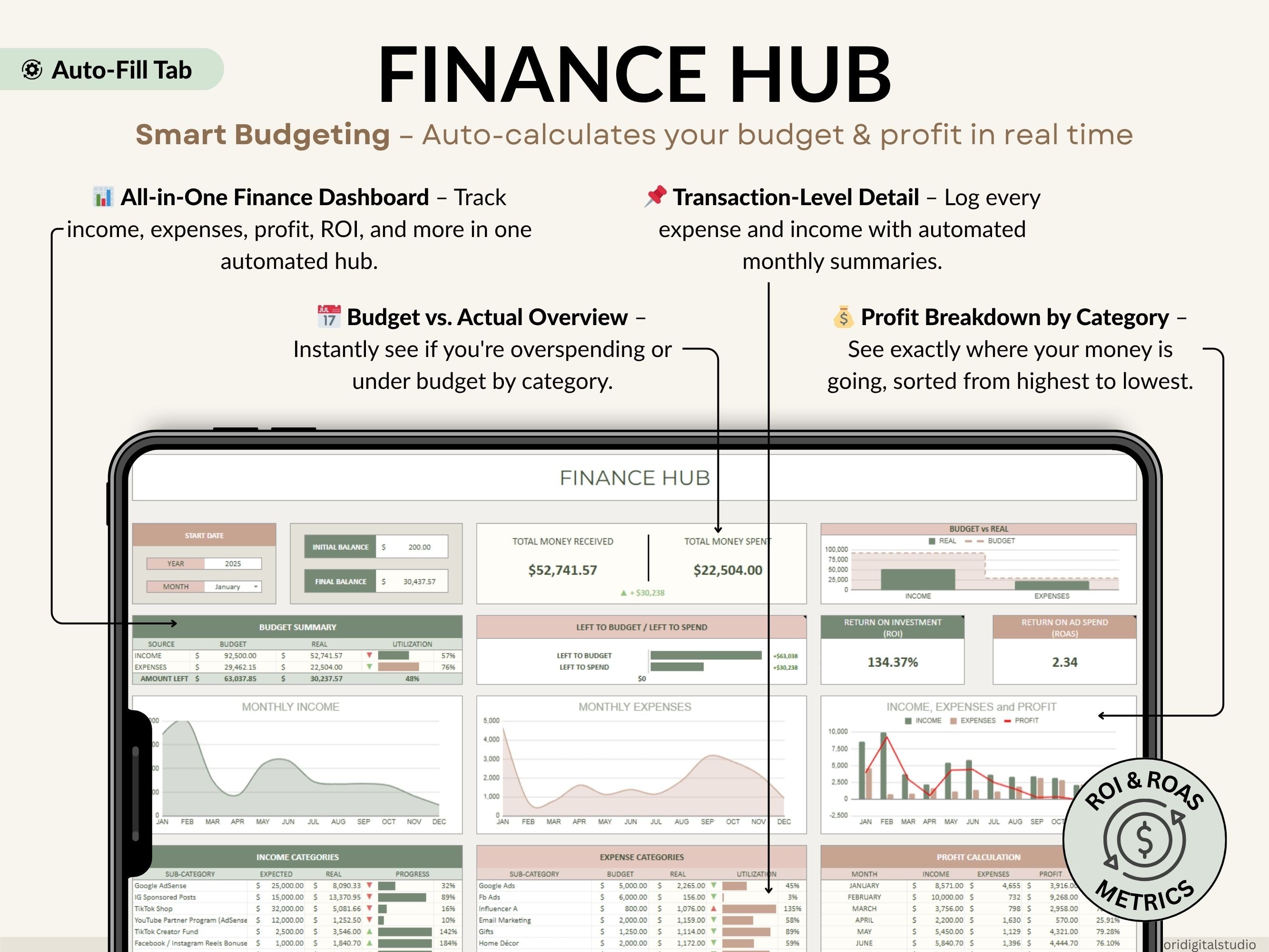 Finance Hub dashboard with financial data on a tablet screen