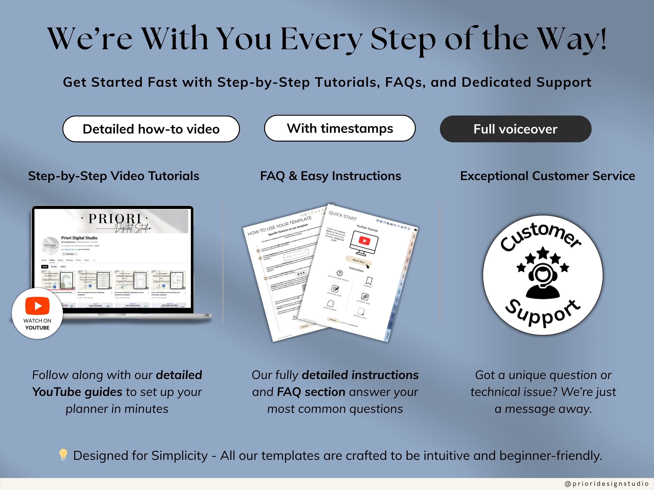 Promotional graphic for step-by-step tutorials, FAQs, and customer support with a laptop and documents on a blue background.