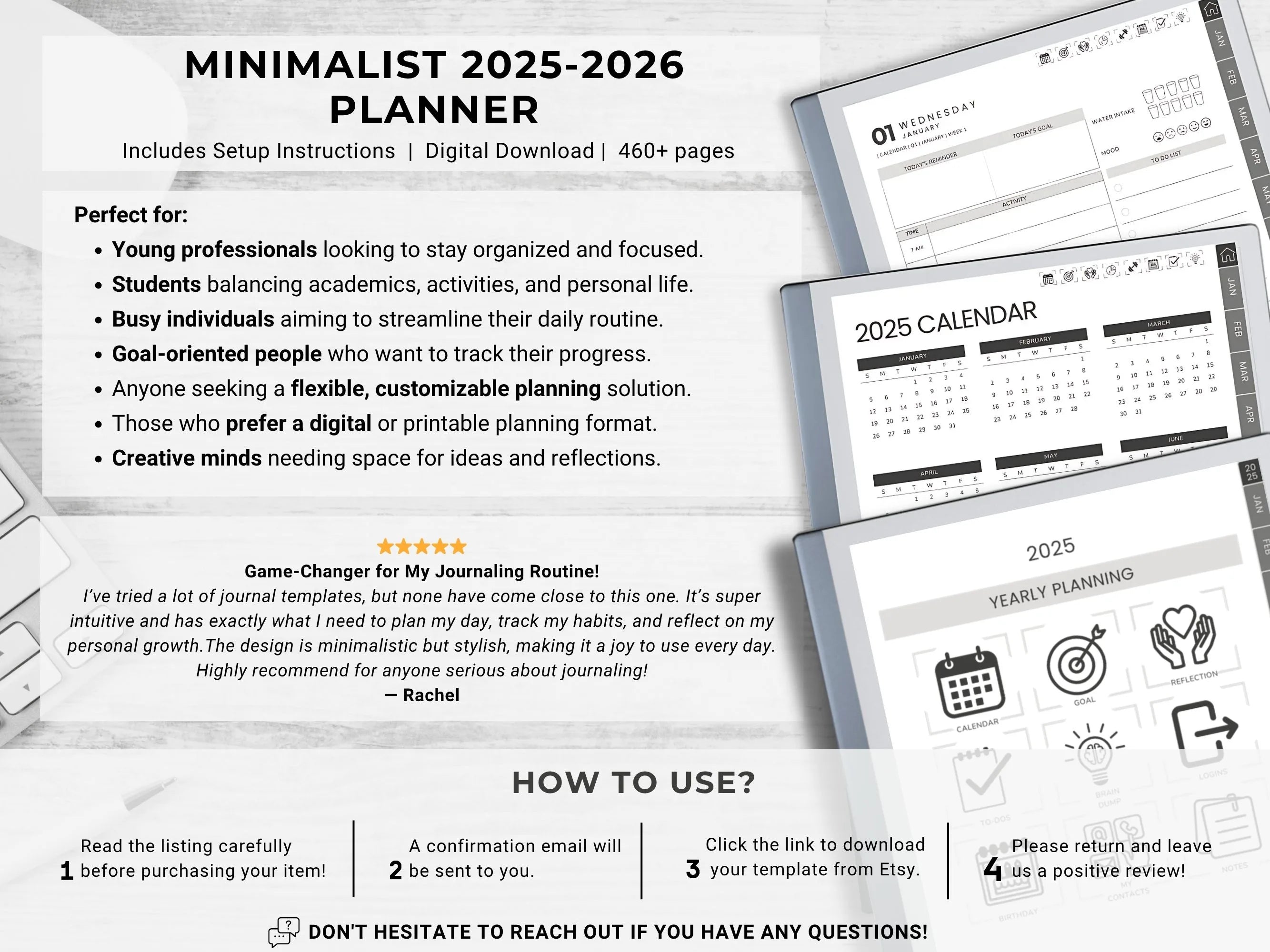 reMarkable Planner Daily Planner 2025 2026 Daily Journal reMarkable 2 Template Digital Planner Minimalist Hyperlinked Planner for reMarkable