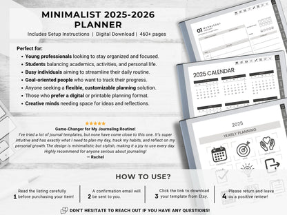 reMarkable Planner Daily Planner 2025 2026 Daily Journal reMarkable 2 Template Digital Planner Minimalist Hyperlinked Planner for reMarkable