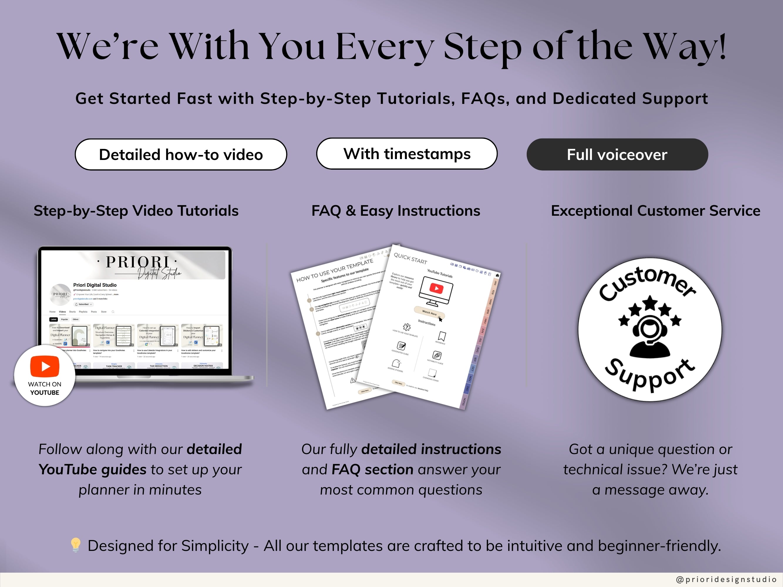 Promotional graphic for step-by-step tutorials, FAQs, and customer support with a laptop and documents on a purple background.