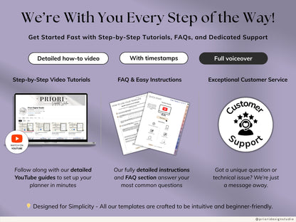 Promotional graphic for step-by-step tutorials, FAQs, and customer support with a laptop and documents on a purple background.