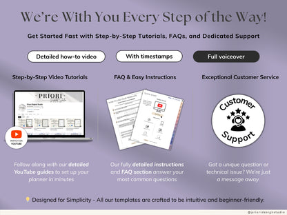 Promotional graphic for step-by-step tutorials, FAQs, and customer support with a laptop and documents on a purple background.