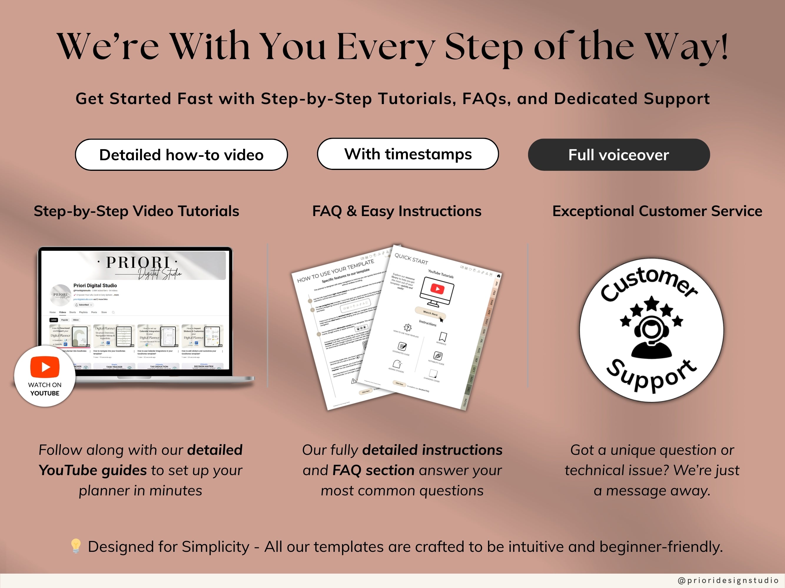 Promotional graphic for step-by-step tutorials, FAQs, and customer support with a laptop and documents on a brown background.