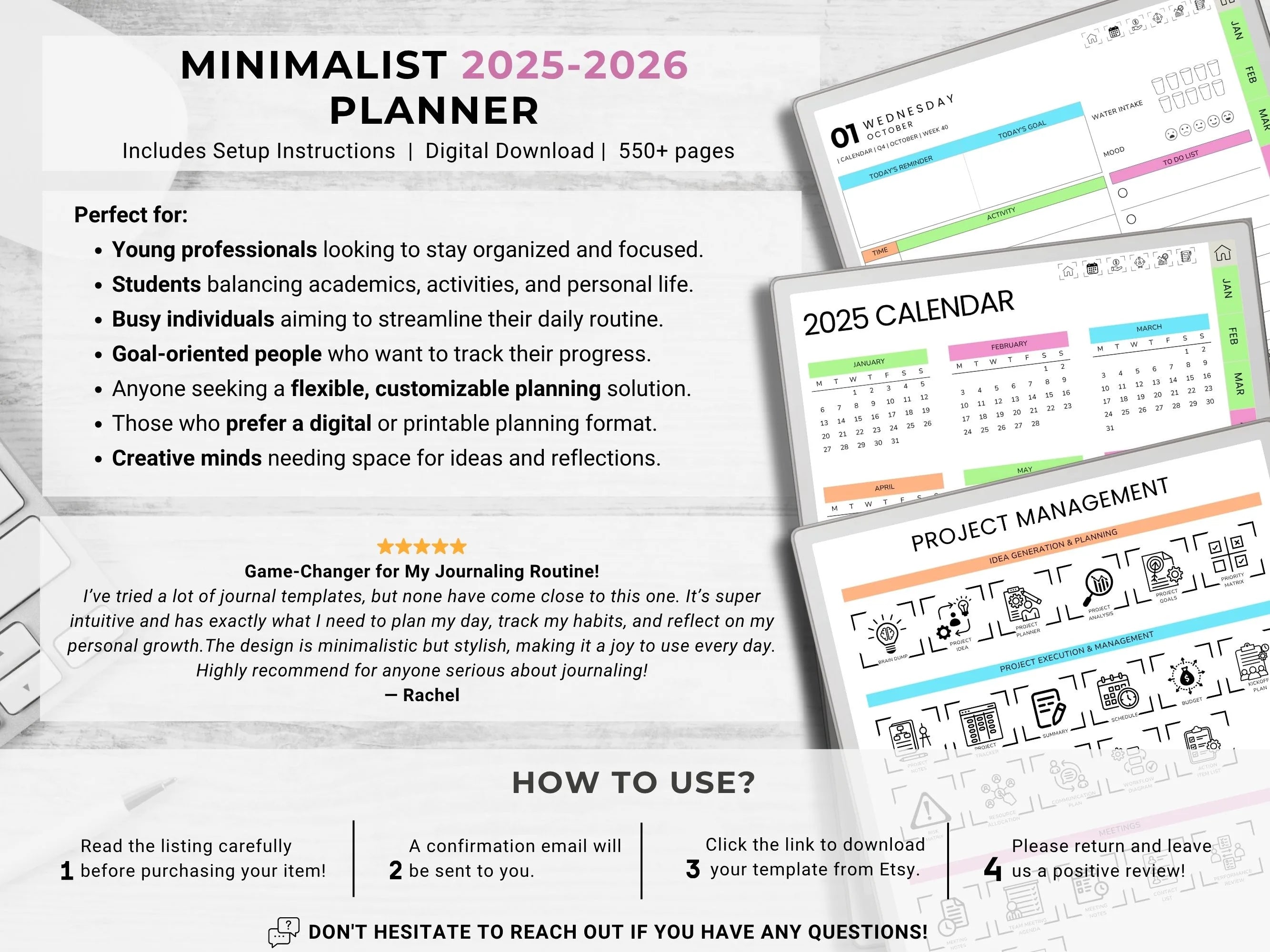 reMarkable Digital Planner 2025 2026 Daily Planner reMarkable 2 Template Minimalist Hyperlinked Planner for reMarkable Organization Planner
