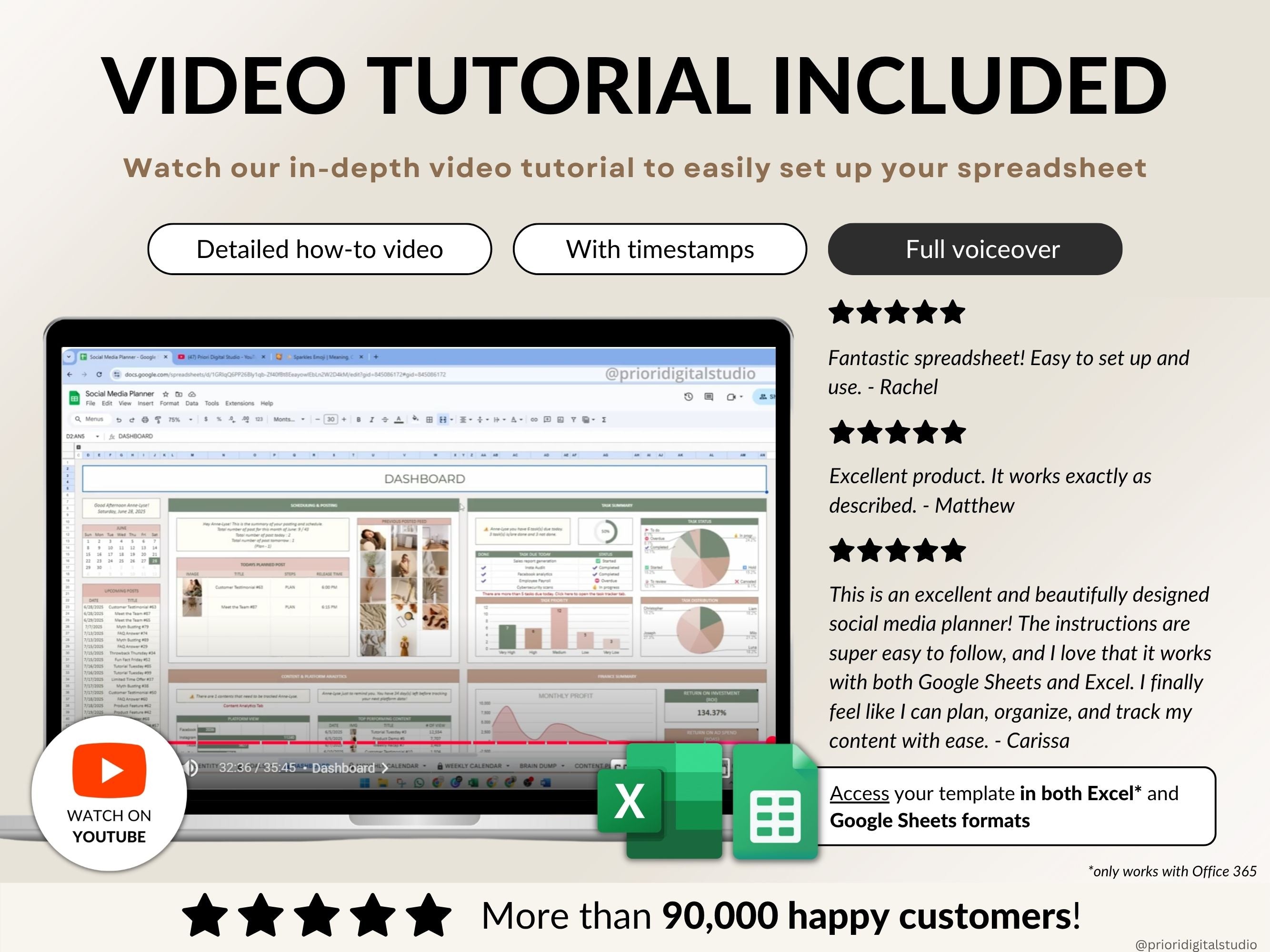 Promotional graphic for a video tutorial on setting up a spreadsheet with Excel and Google Sheets.