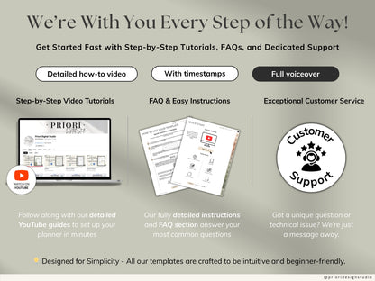 Promotional graphic for step-by-step tutorials, FAQs, and customer support with a laptop, paper, and customer support icon.