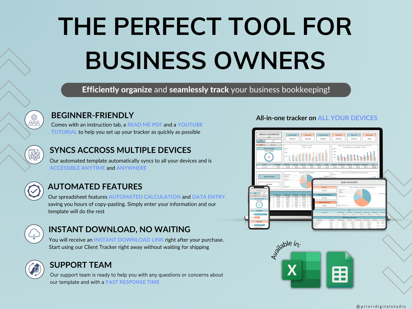 Small Business Bookkeeping Spreadsheet Income Expense Tracker Tax Tracker Accounting Template Mileage Tracker Business Planner Profit & Loss Excel Google Sheets