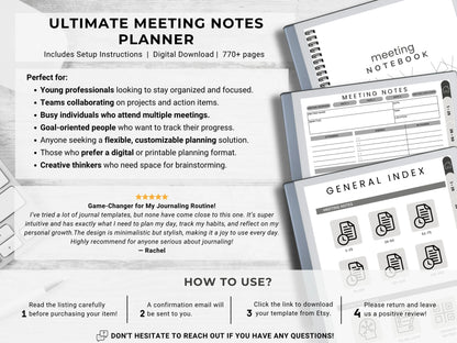 Meeting Notes Planner reMarkable 2 Meeting Templates Hyperlinked for reMarkable Paper Pro Meeting Minutes reMarkable Planner Meeting Agenda