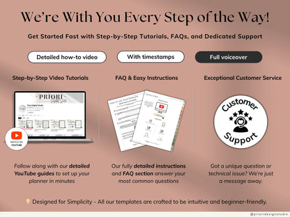 Promotional graphic for step-by-step tutorials, FAQs, and customer support with a laptop and documents on a brown background.